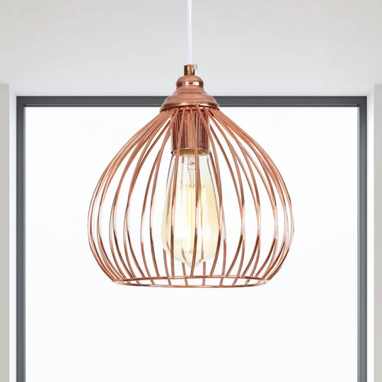 Industrial Rose Gold Gourd Pendant Light With Wire Guard - Single Hanging Ceiling