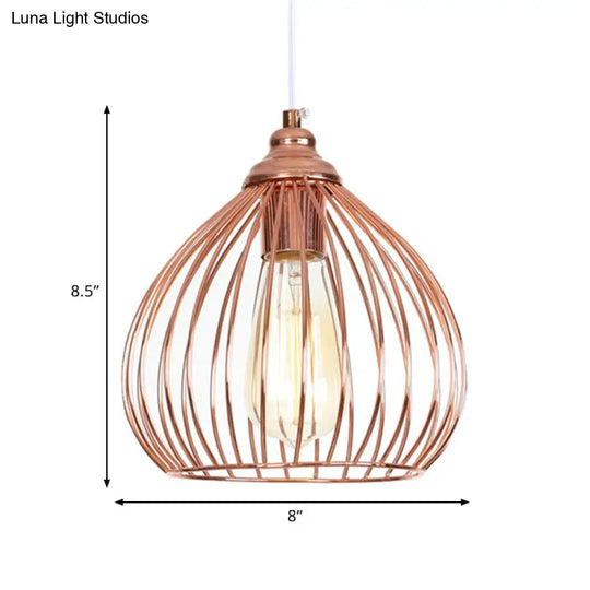 Rose Gold Gourd Pendant Light With Wire Guard - Industrial Single Hanging Ceiling Lamp