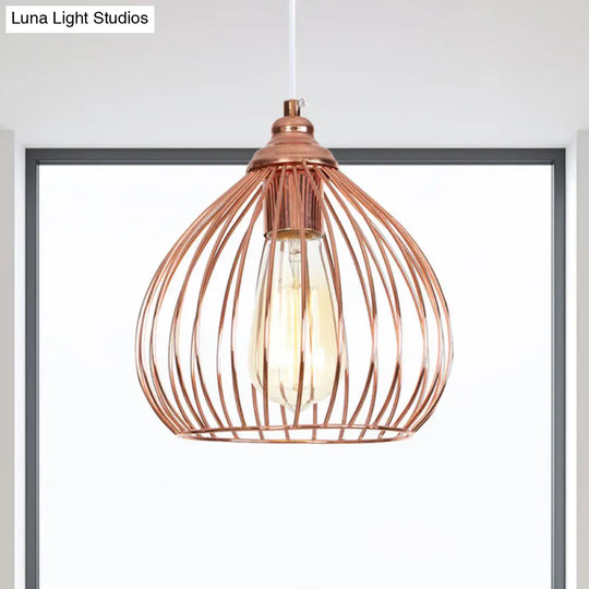 Rose Gold Gourd Pendant Light With Wire Guard - Industrial Single Hanging Ceiling Lamp