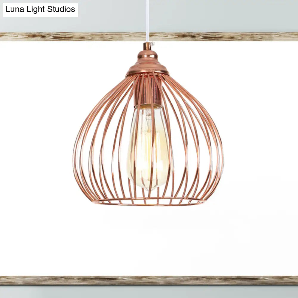 Industrial Rose Gold Gourd Pendant Light With Wire Guard - Single Hanging Ceiling