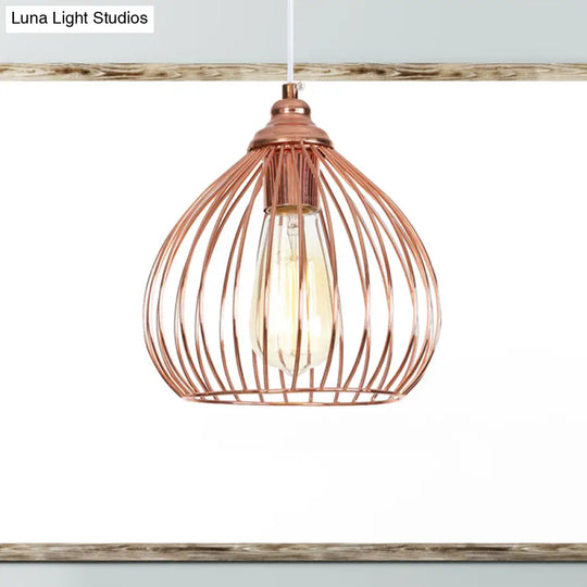 Industrial Rose Gold Gourd Pendant Light With Wire Guard - Single Hanging Ceiling