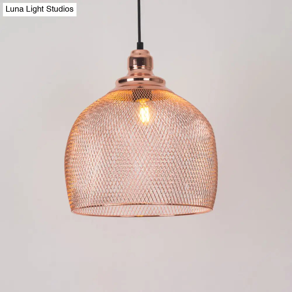 Industrial Rose Gold Pendant Lamp For Dining Room - Globe/Dome Cage Design With Down Lighting