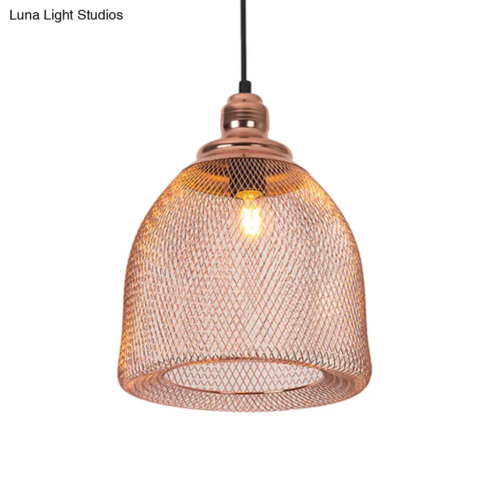 Industrial Rose Gold Cage Pendant Lamp With Down Lighting For Dining Room