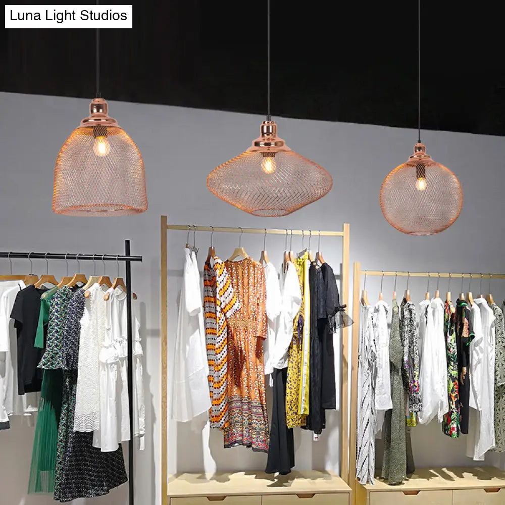 Industrial Rose Gold Cage Pendant Lamp With Down Lighting For Dining Room / A