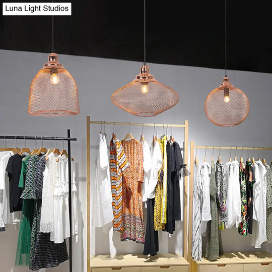 Industrial Rose Gold Cage Pendant Lamp With Down Lighting For Dining Room / A