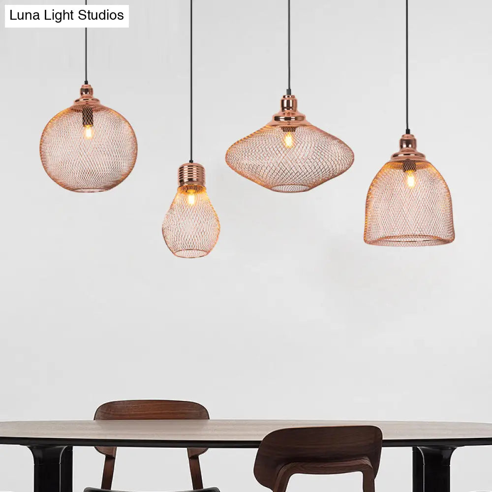 Industrial Rose Gold Cage Pendant Lamp With Down Lighting For Dining Room / B