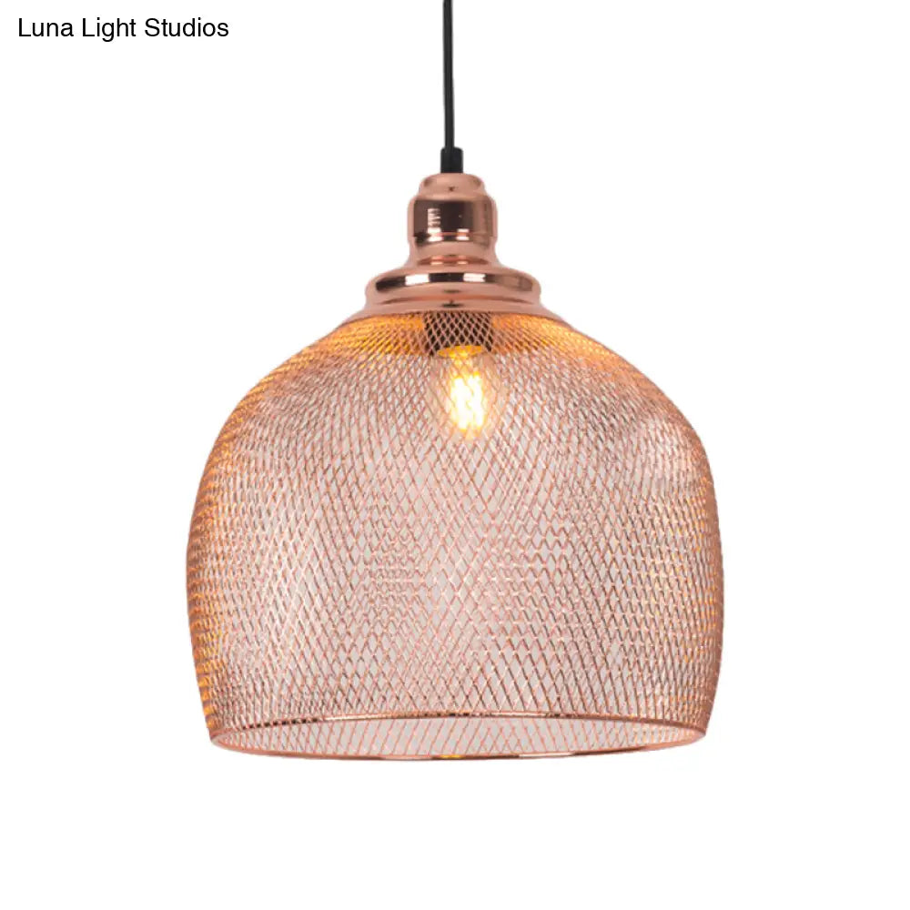 Industrial Rose Gold Pendant Lamp For Dining Room - Globe/Dome Cage Design With Down Lighting