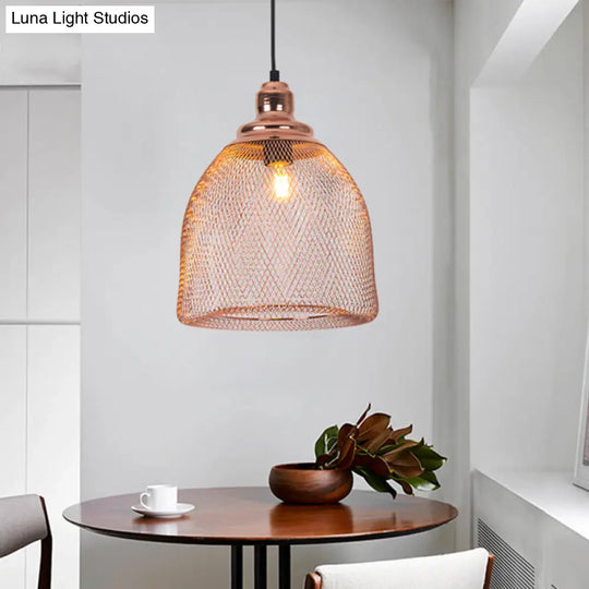 Industrial Rose Gold Cage Pendant Lamp With Down Lighting For Dining Room