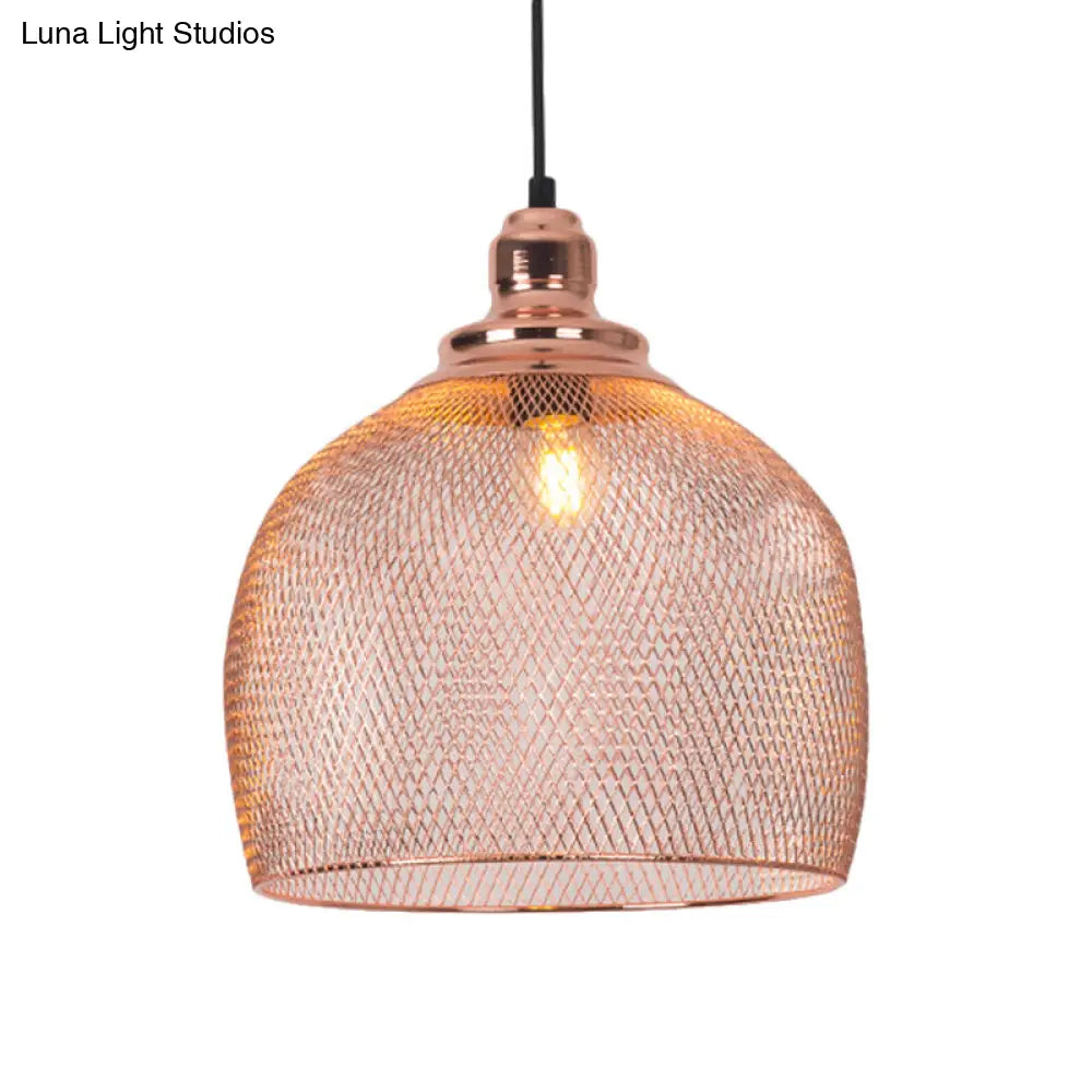 Industrial Rose Gold Cage Pendant Lamp With Down Lighting For Dining Room