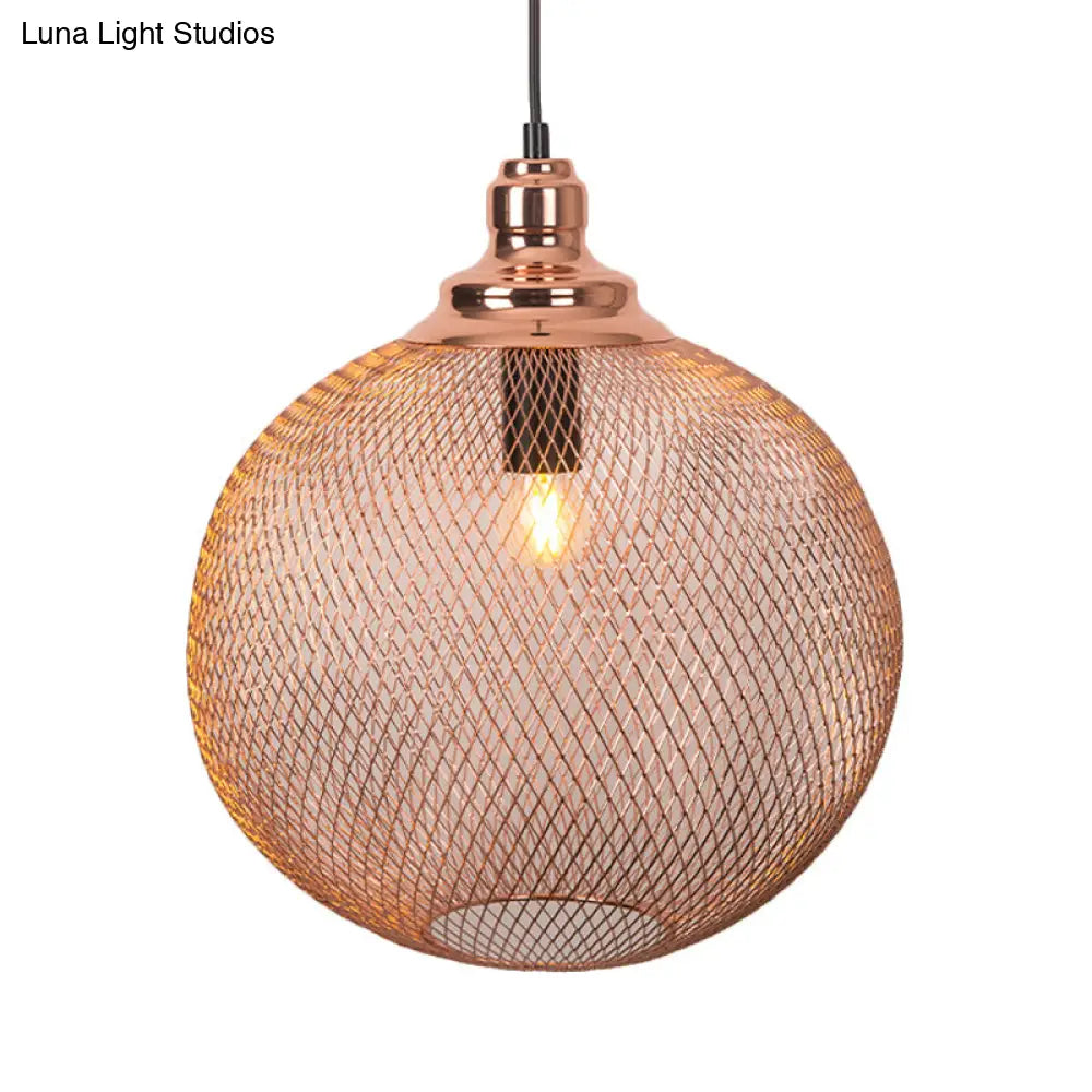 Industrial Rose Gold Cage Pendant Lamp With Down Lighting For Dining Room / D