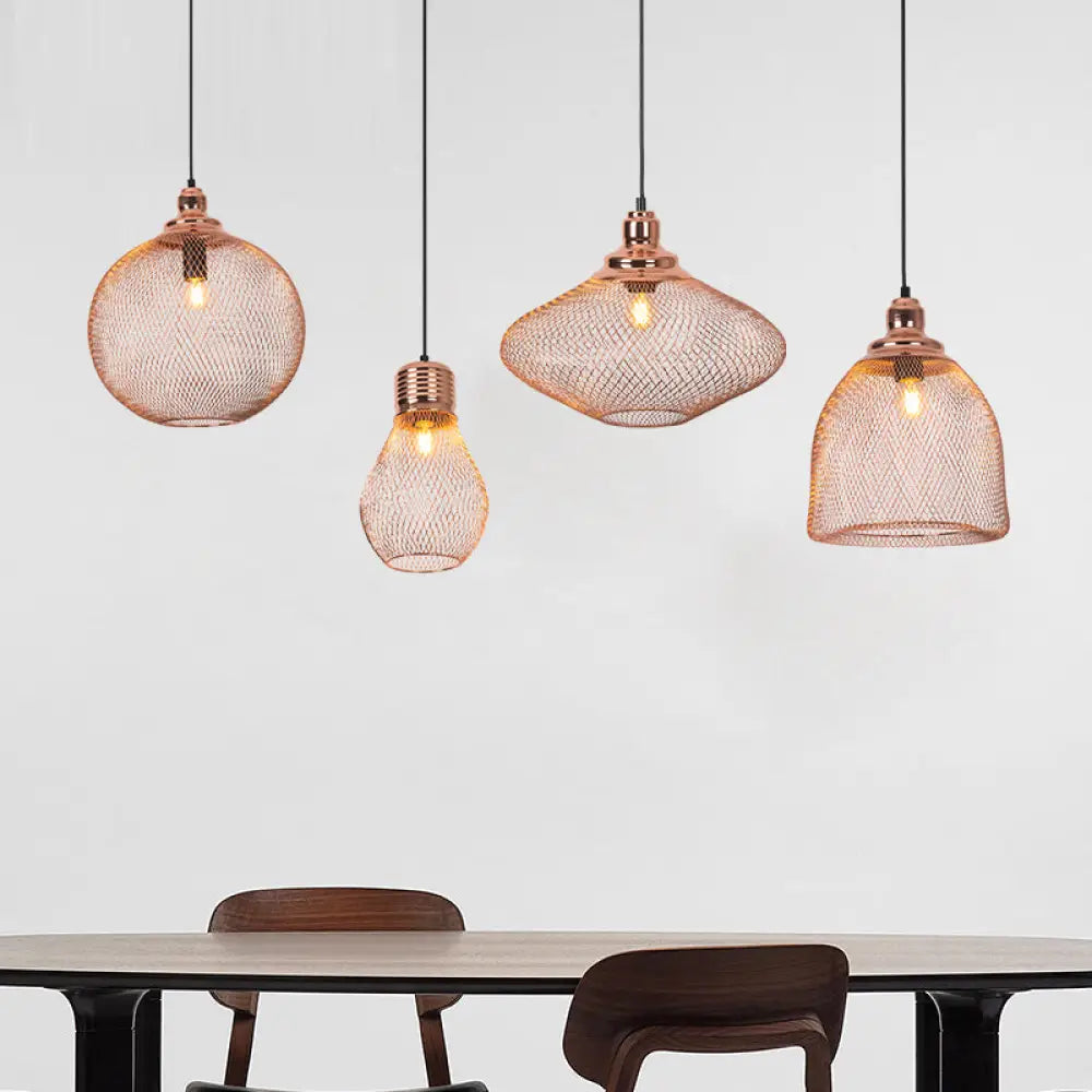Industrial Rose Gold Pendant Lamp For Dining Room - Globe/Dome Cage Design With Down Lighting / B
