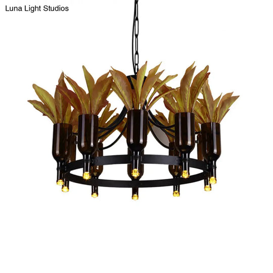 Industrial Round Pendant Light With Plant Decor And 10 Black Metal Lights