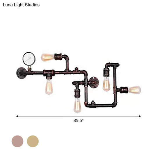 Industrial Rust/Bronze 5-Head Wall Mounted Lamp With Pressure Gauge - Wrought Iron Pipe System