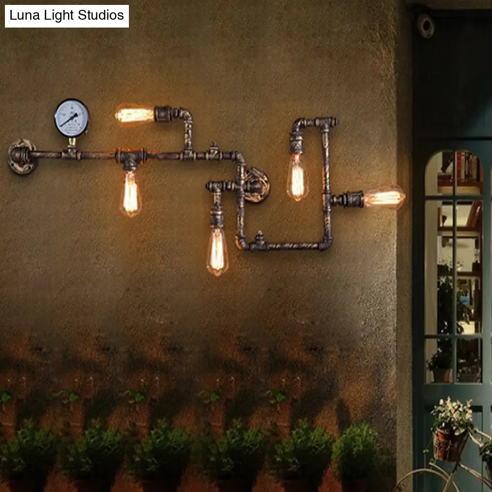 Industrial Rust/Bronze 5-Head Wall Mounted Lamp With Pressure Gauge - Wrought Iron Pipe System