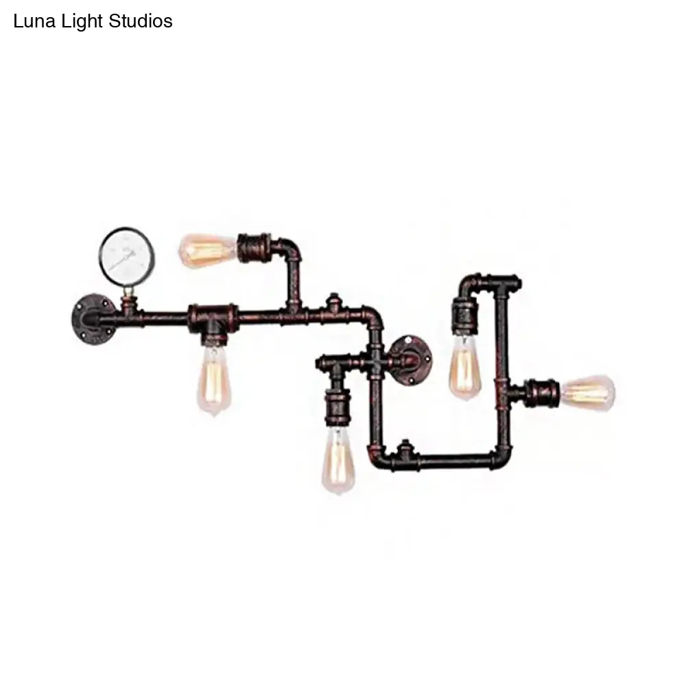 Industrial Rust/Bronze 5-Head Wall Mounted Lamp With Pressure Gauge - Wrought Iron Pipe System