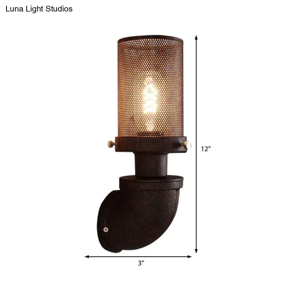 Industrial Rust Caged Metal Wall Lamp - 1-Light Cylinder Sconce For Dining Room Fixture