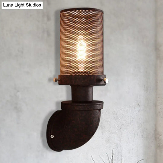 Industrial Rust Caged Metal Wall Lamp - 1-Light Cylinder Sconce For Dining Room Fixture