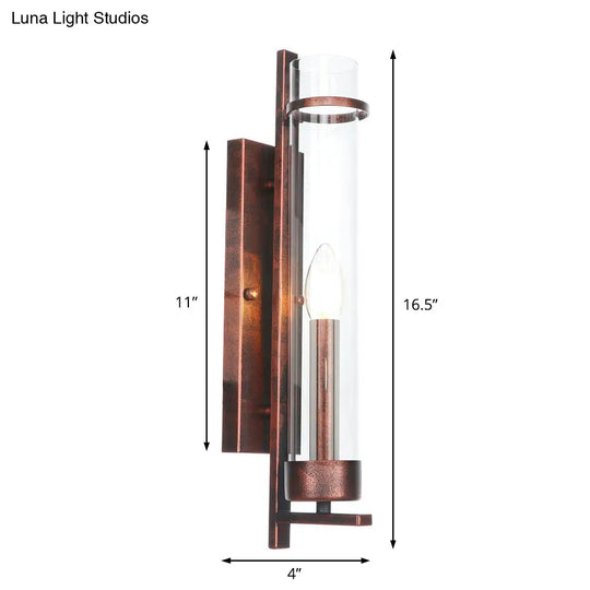 Industrial Rust Clear Glass Sconce Light Fixture For Dining Room - 1-Light Tubular Wall Lamp