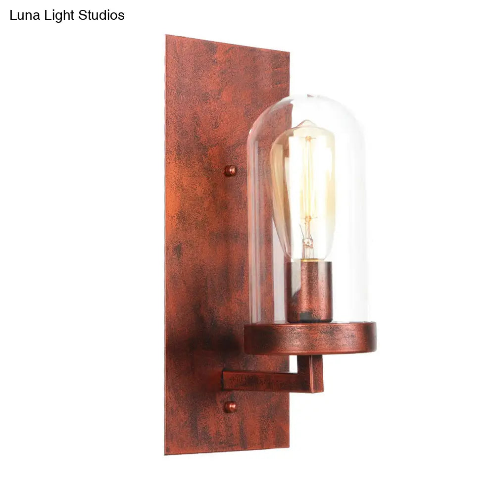 Industrial Rust Clear Glass Sconce Light Fixture For Dining Room - 1-Light Tubular Wall Lamp