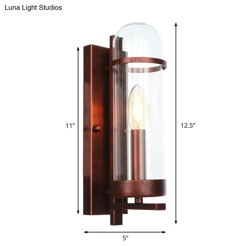 Industrial Rust Clear Glass Sconce Light Fixture For Dining Room - 1-Light Tubular Wall Lamp