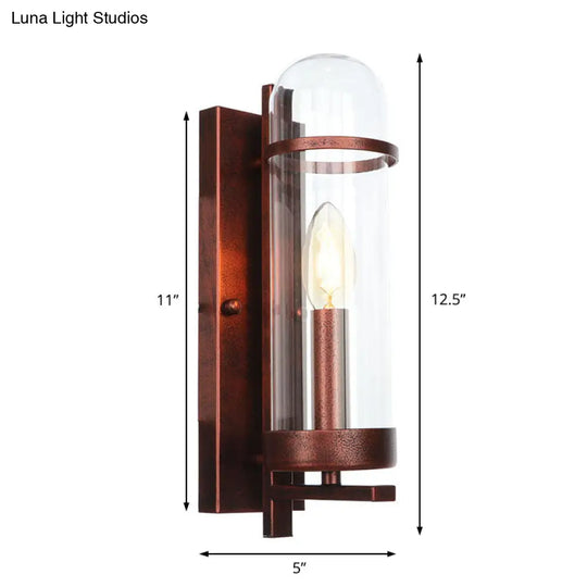 Industrial Rust Clear Glass Sconce Light Fixture For Dining Room - 1-Light Tubular Wall Lamp