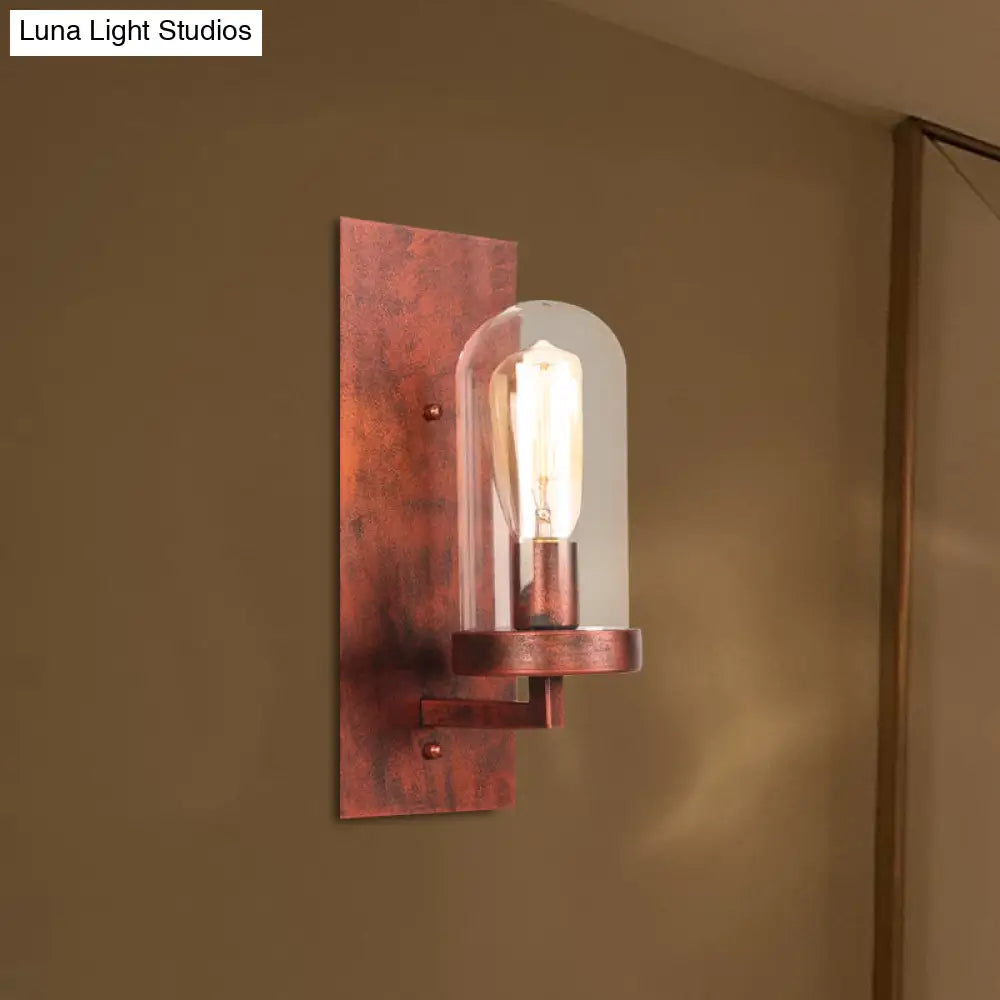 Industrial Rust Clear Glass Sconce Light Fixture For Dining Room - 1-Light Tubular Wall Lamp