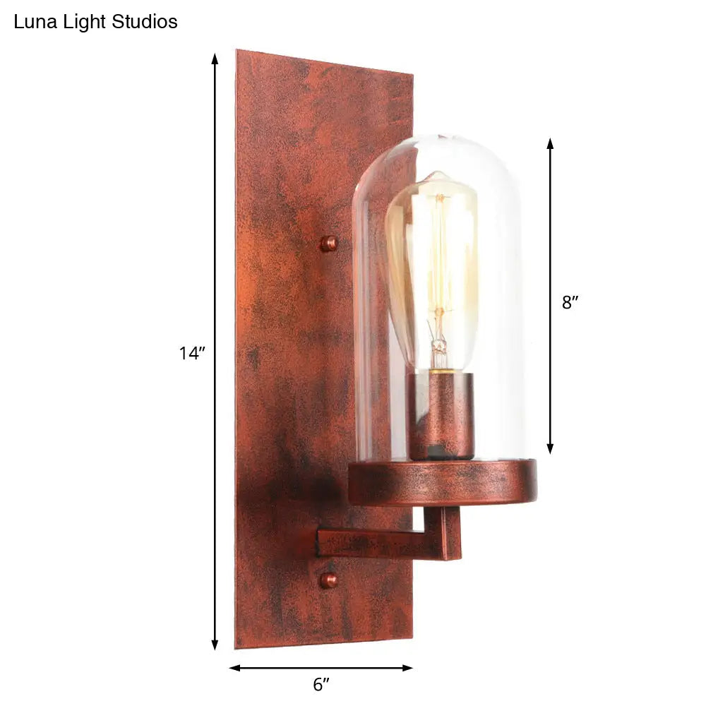 Industrial Rust Clear Glass Sconce Light Fixture For Dining Room - 1-Light Tubular Wall Lamp