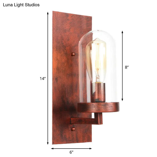 Industrial Rust Clear Glass Sconce Light Fixture For Dining Room - 1-Light Tubular Wall Lamp