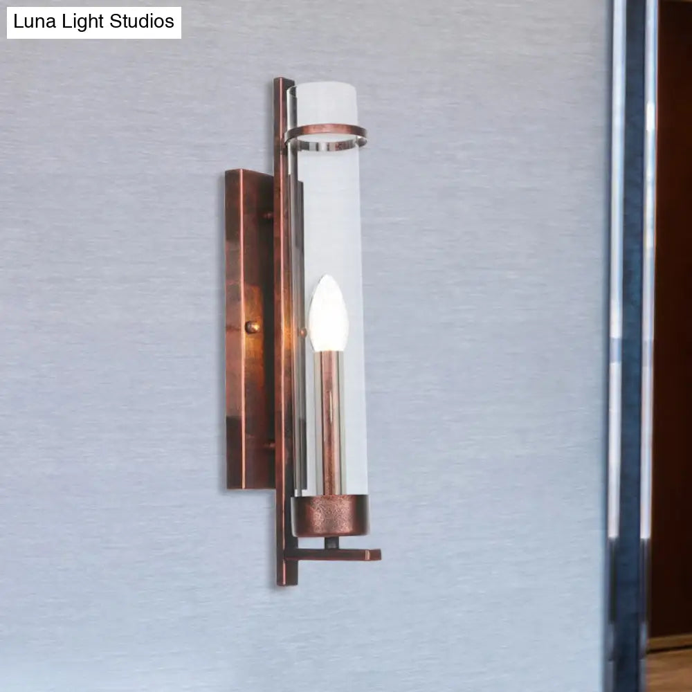 Industrial Rust Clear Glass Sconce Light Fixture For Dining Room - 1-Light Tubular Wall Lamp