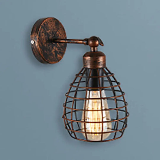 Industrial Rust Finish Wall Lamp With Adjustable Metal Bell Cage Shade - 1 Light Sconce Lighting For