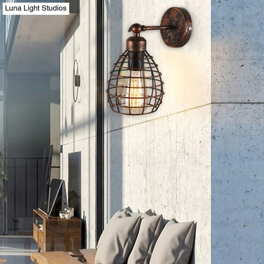 Industrial Rust Finish Wall Lamp With Adjustable Metal Bell Cage Shade - 1 Light Sconce Lighting For