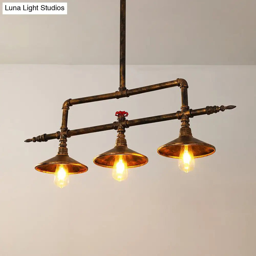 Industrial Rust Iron Hanging Ceiling Lamp With Water Pipe Design & 3 Bell-Shaped Lights