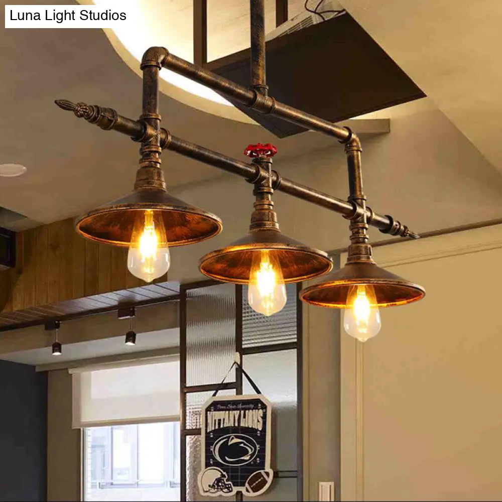 Industrial Rust Iron Hanging Ceiling Lamp With Water Pipe Design & 3 Bell-Shaped Lights