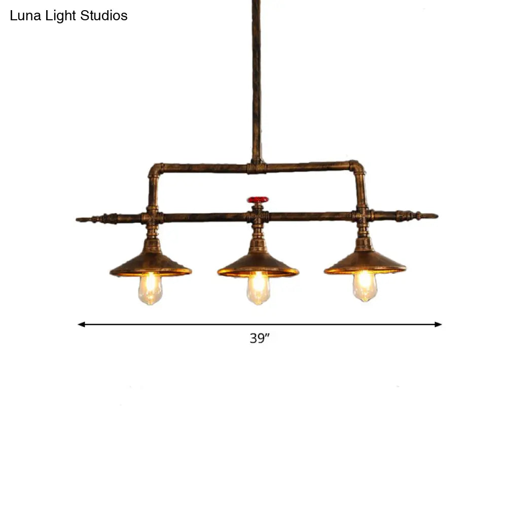 Industrial Rust Iron Hanging Ceiling Lamp With Water Pipe Design & 3 Bell-Shaped Lights