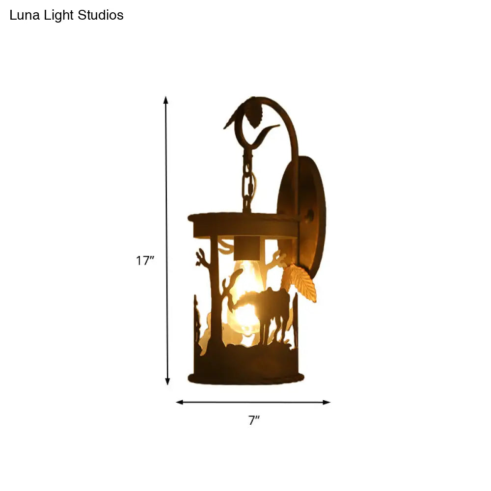 Industrial Rust Metal Wall Mounted Light With Leaf And Horse Pattern - 1 Bulb Cylinder Lighting