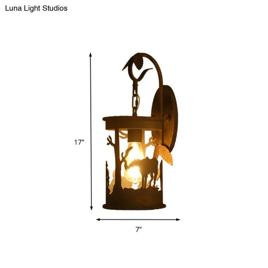 Industrial Rust Metal Wall Mounted Light With Leaf And Horse Pattern - 1 Bulb Cylinder Lighting