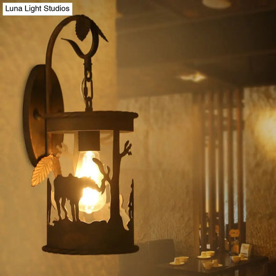 Industrial Rust Metal Wall Mounted Light With Leaf And Horse Pattern - 1 Bulb Cylinder Lighting