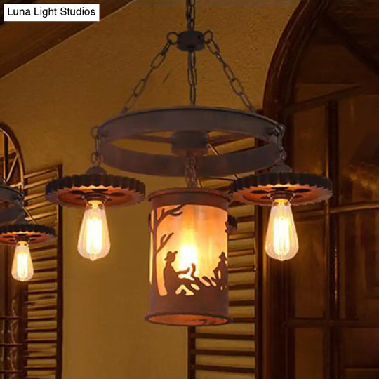 Industrial Rust Metallic Pendant Chandelier - 4 Exposed Bulb Lighting Fixture