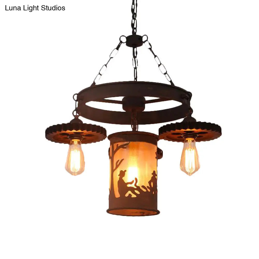 Industrial Rust Metallic Pendant Chandelier - 4 Exposed Bulb Lighting Fixture