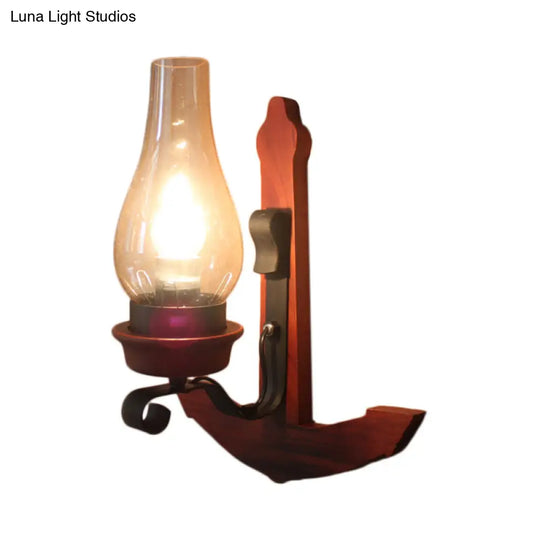 Industrial Rust Wall Lamp: Clear Glass Vase Porch Sconce Light With Wooden Backplate