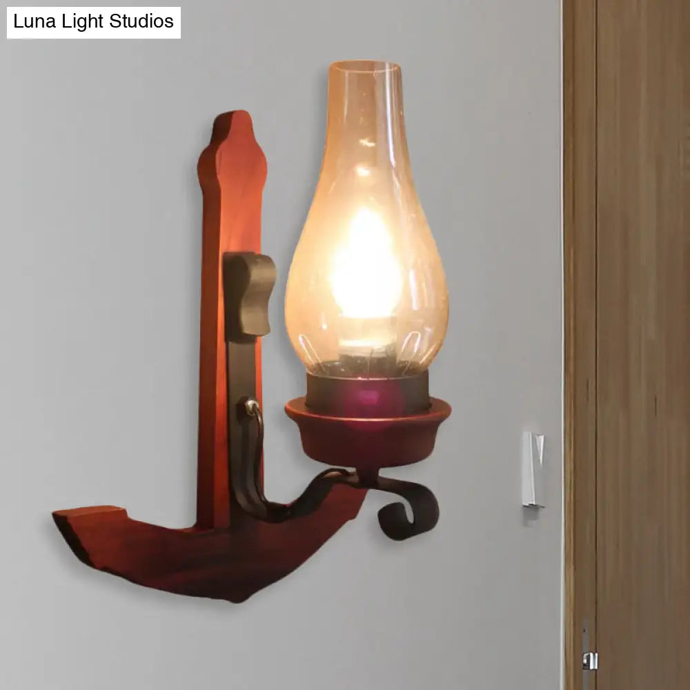 Industrial Rust Wall Lamp: Clear Glass Vase Porch Sconce Light With Wooden Backplate