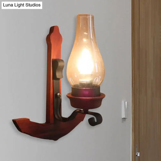 Industrial Rust Wall Lamp: Clear Glass Vase Porch Sconce Light With Wooden Backplate