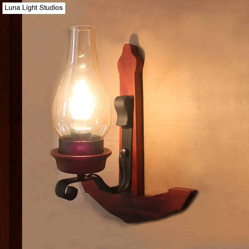 Industrial Rust Wall Lamp: Clear Glass Vase Porch Sconce Light With Wooden Backplate