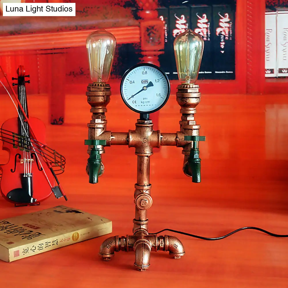 Industrial Rust Wrought Iron Table Lamp With Gauge And Faucet Decoration 2 Lights