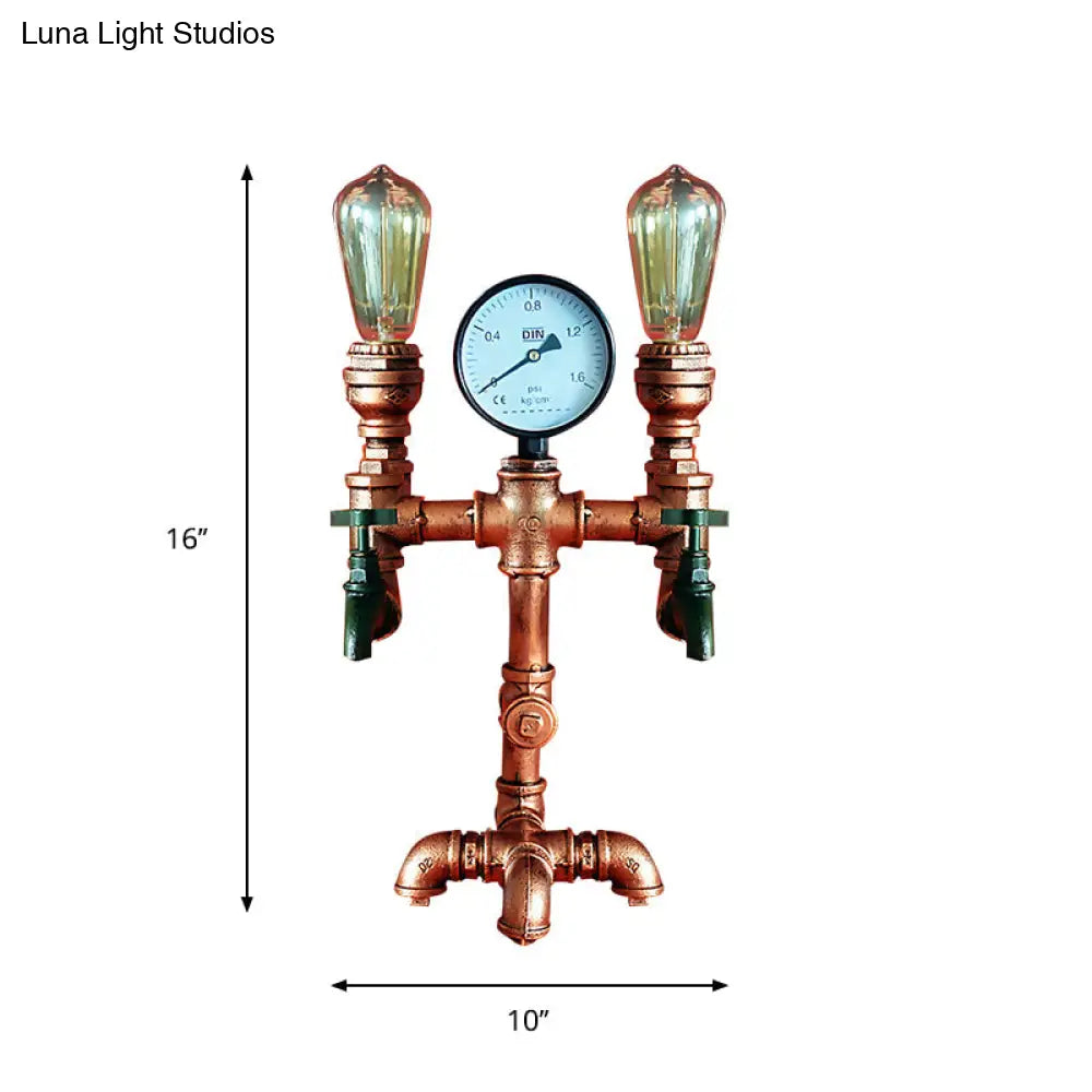 Industrial Rust Wrought Iron Table Lamp With Gauge And Faucet Decoration 2 Lights