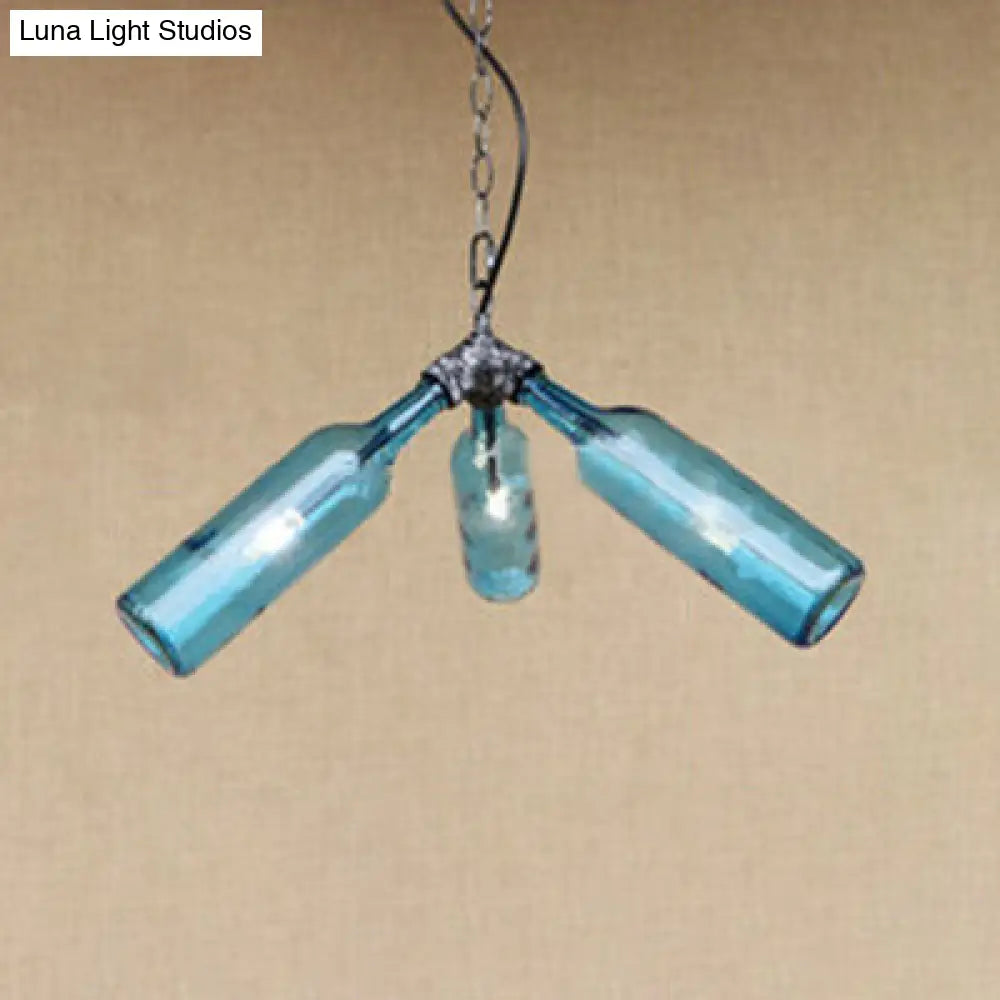 Rustic Industrial 3-Head Bottle Pendant Lamp With Smoke Gray/Clear Glass For Bars Blue