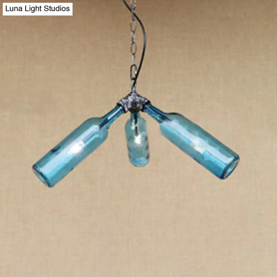 Rustic Industrial 3-Head Bottle Pendant Lamp With Smoke Gray/Clear Glass For Bars Blue