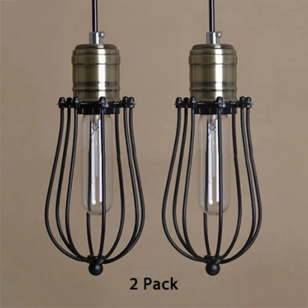 Industrial Rustic Black Metal Pendant Lighting 2 Pack - Wire Cage Hanging Lamp For Kitchen