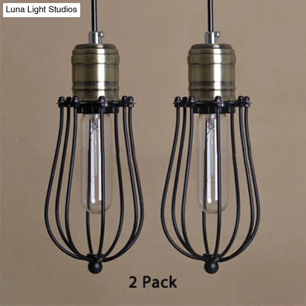 Industrial Rustic Wire Cage Pendant Lamp Set Of 2 - Black Metal Kitchen Lighting