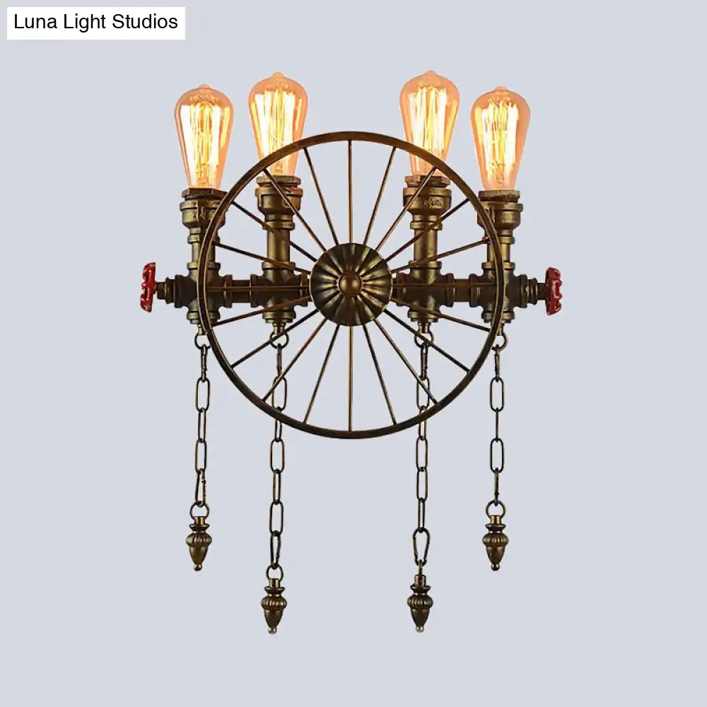 Industrial Rustic Bronze/Silver Metal Sconce Lighting - 4-Light Wheel Wall With Exposed Bulb Ideal